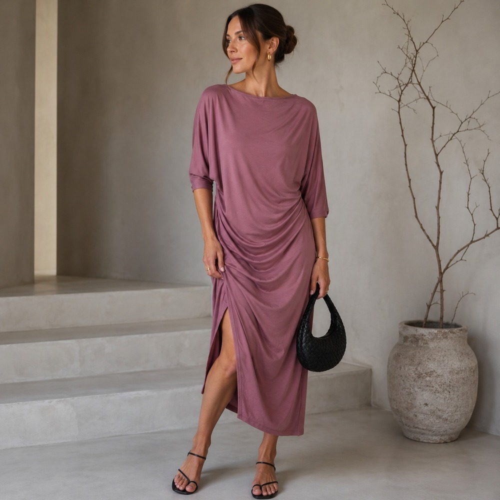 Annabelle Ruched Midi Dress Womens L Mauve Modal Draped Asymmetrical Minimalist
